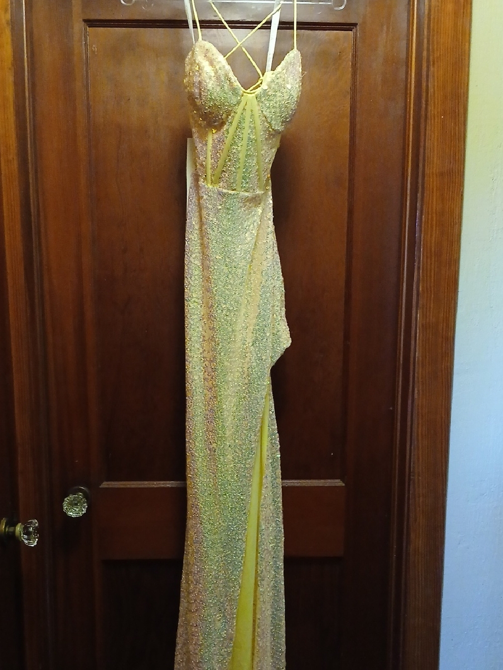 Yellow Sequin Strappy Evening Dress